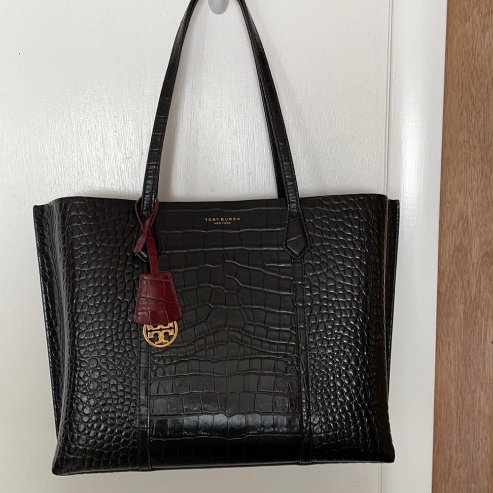 Tory Burch Black Croc-Embossed Leather Tote with Burgundy Charm